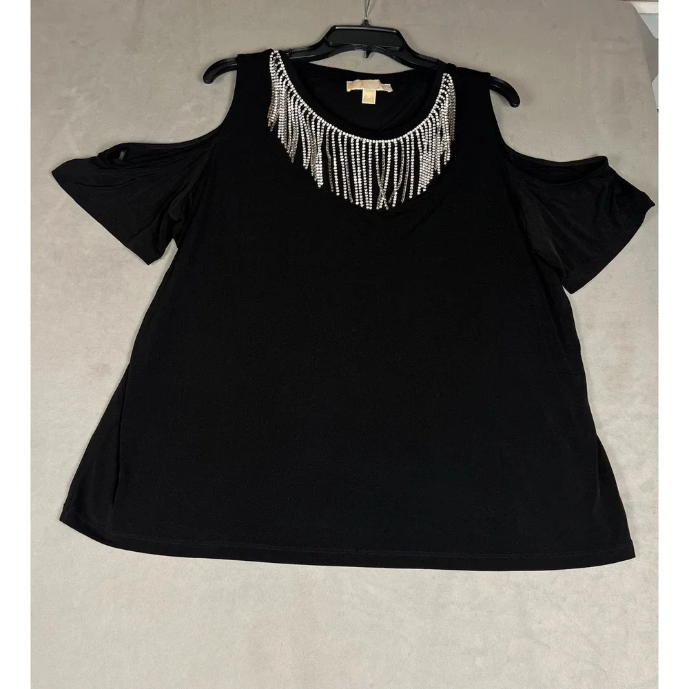 Michael Kors Black Cold Shoulder‎ Rhinestone Fringe Bib Top Plus Size 1X